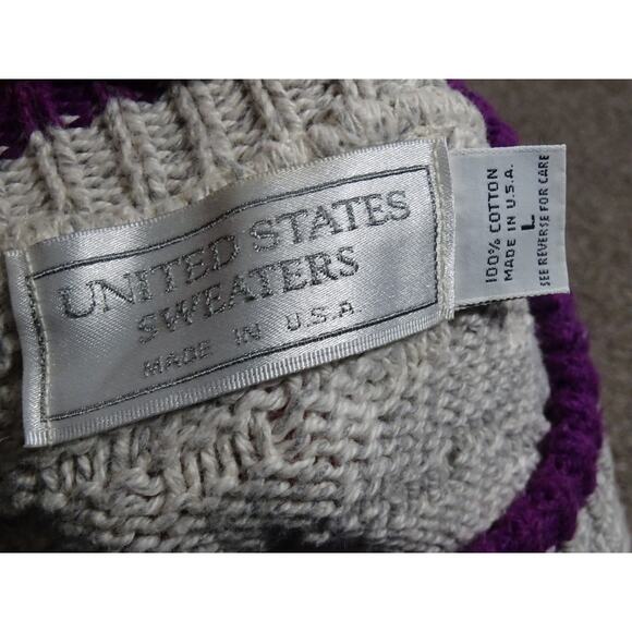 Vtg United States Sweaters 100% Cotton Knit Pullover Size Large Purple Ringer - Picture 8 of 10
